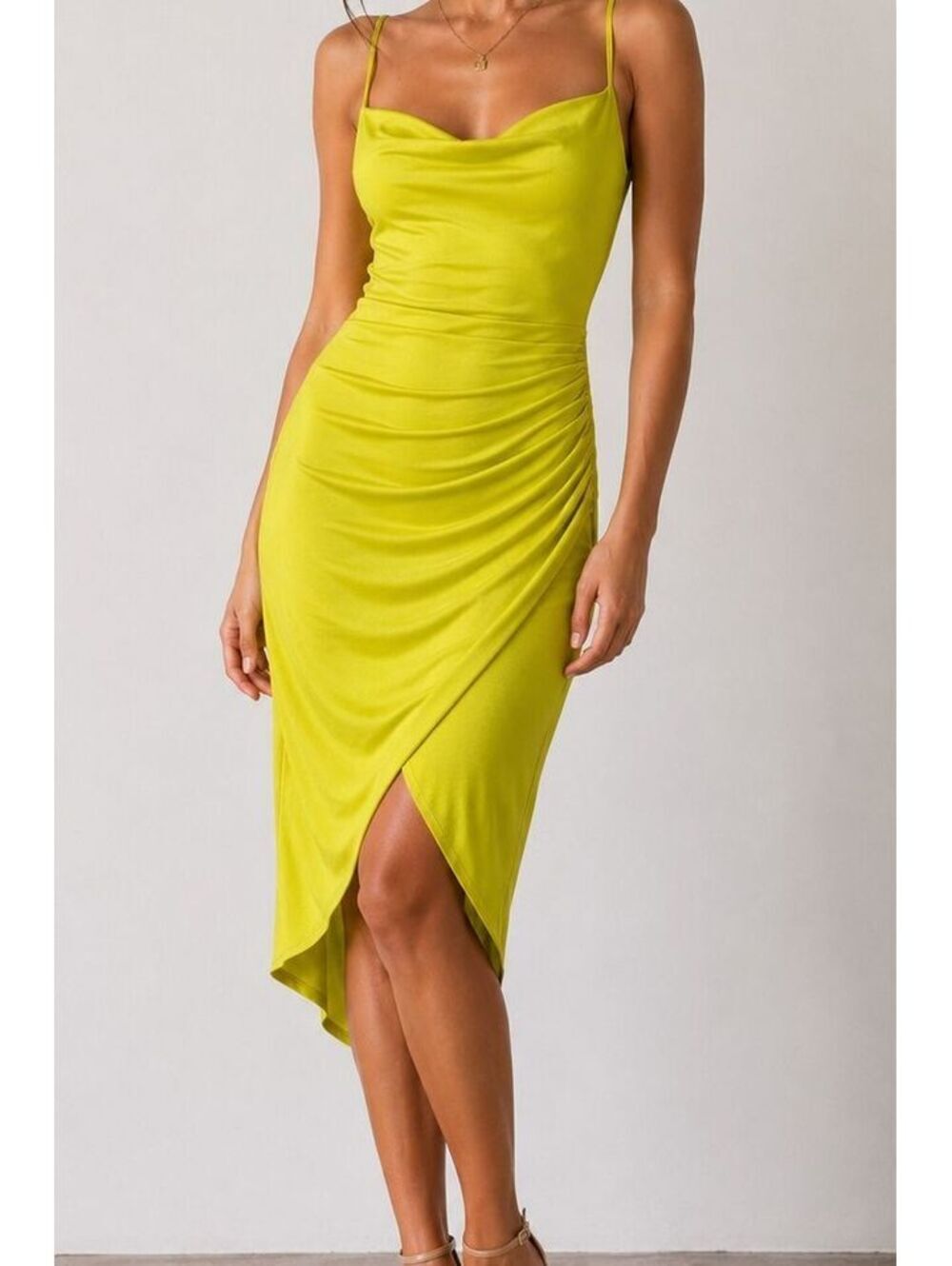 MISTYROSE MD5404 Ruched Asymmetrical Midi Dress Large Chartreuse Yellow Y2K USA